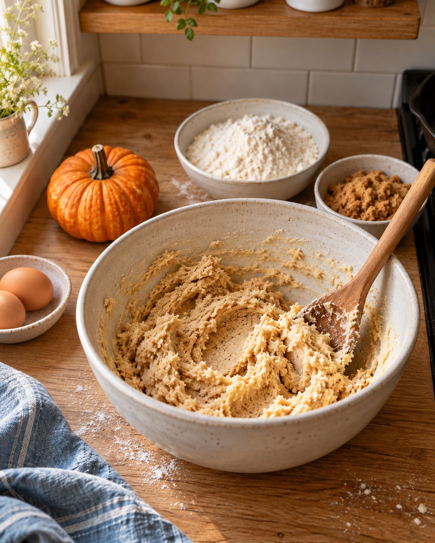 A large mixing bowl containing cookie dough with a wooden spoon, surrounded by a pumpkin, eggs, and bowls of flour and brown sugar on a kitchen counter.