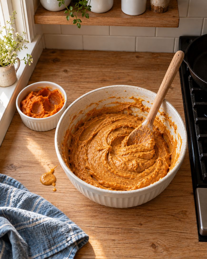 A wooden spoon rests in a white mixing bowl filled with thick pumpkin-colored batter, next to a small dish of pumpkin puree on a wooden kitchen counter.