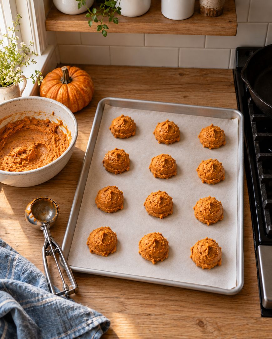 Twelve scoops of orange cookie dough arranged on a parchment-lined baking sheet next to a mixing bowl, a scoop, and a small pumpkin.