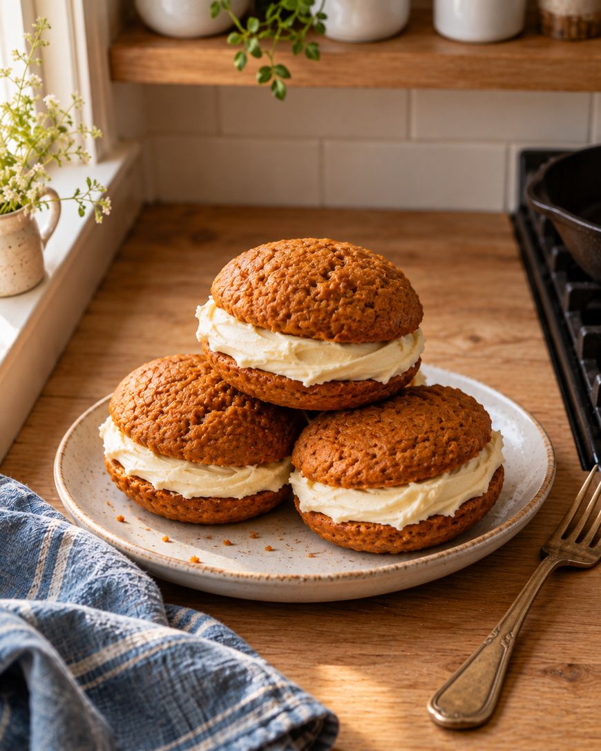 A stack of three round sandwich cookies filled with white cream on a plate.
