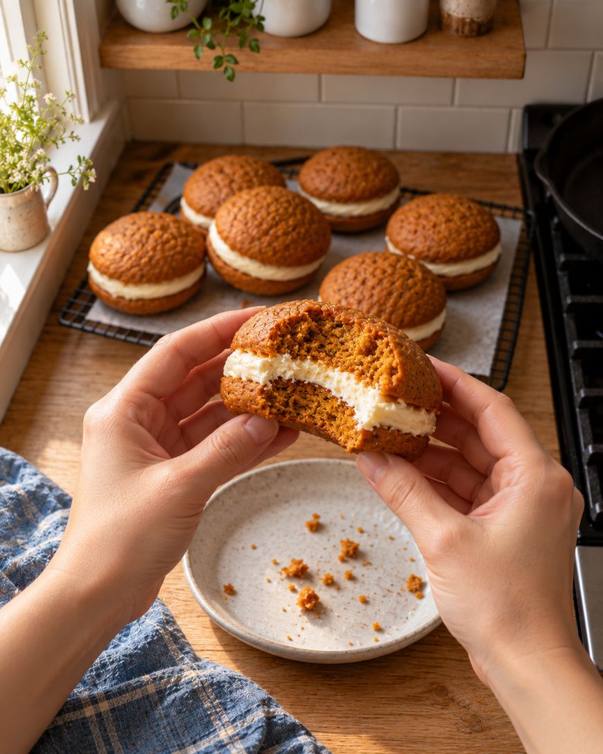 Hands holding a pumpkin cream sandwich cookie with a bite taken out of it, with more cookies on a cooling rack in the background.