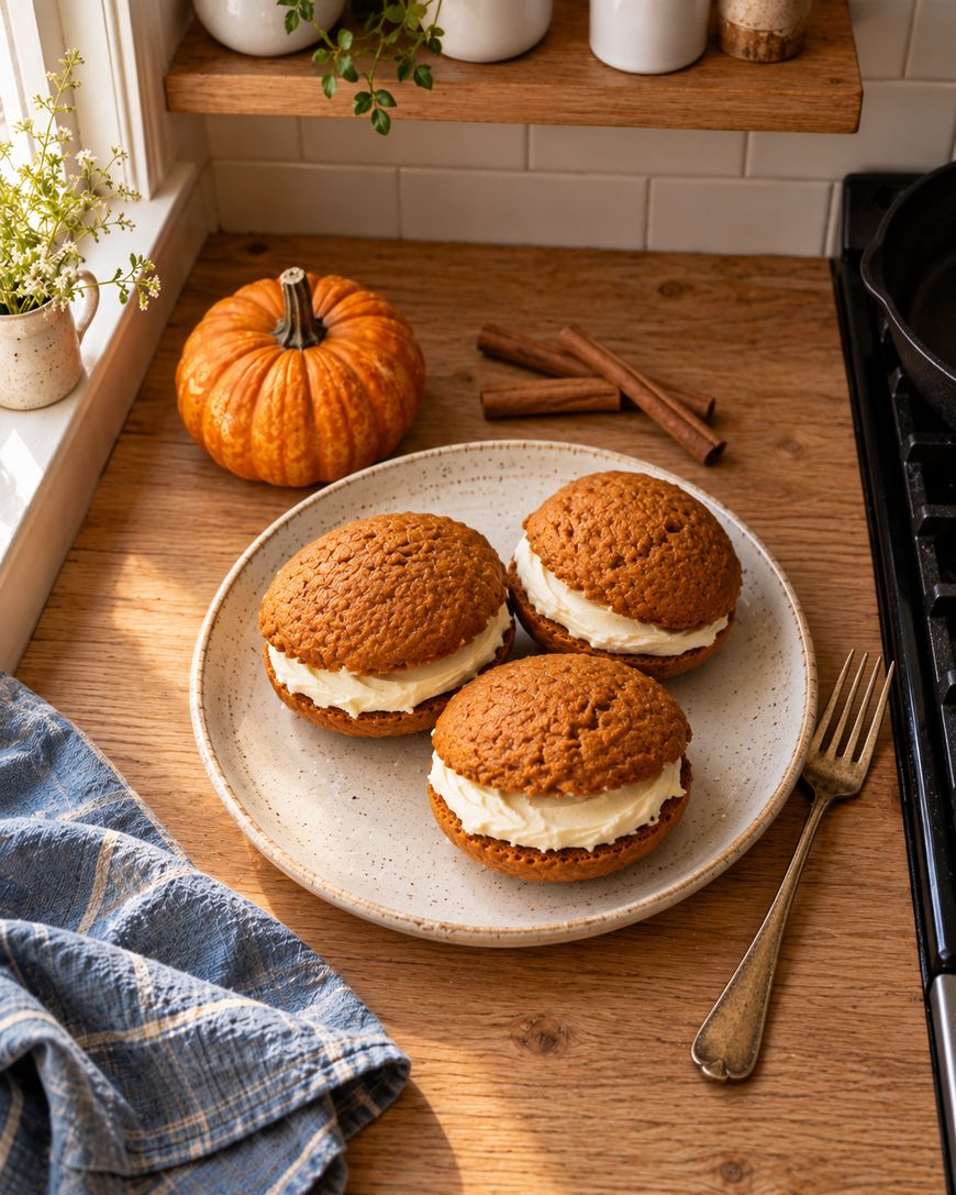 Three pumpkin whoopie pies filled with cream on a speckled plate, next to a small pumpkin, cinnamon sticks, and a fork.