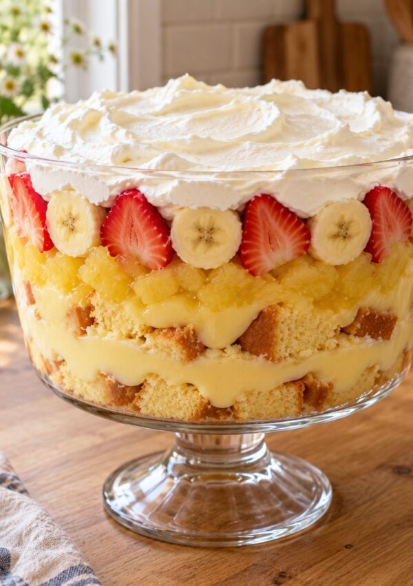 A glass trifle bowl layered with cake, custard, pineapple, banana slices, and strawberries, topped with whipped cream.