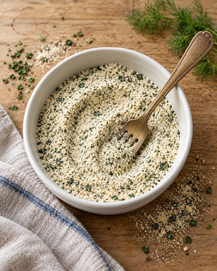 A bowl of dry herb seasoning mix with a metal fork, resting on a wooden surface next to a cloth napkin and sprigs of dill.