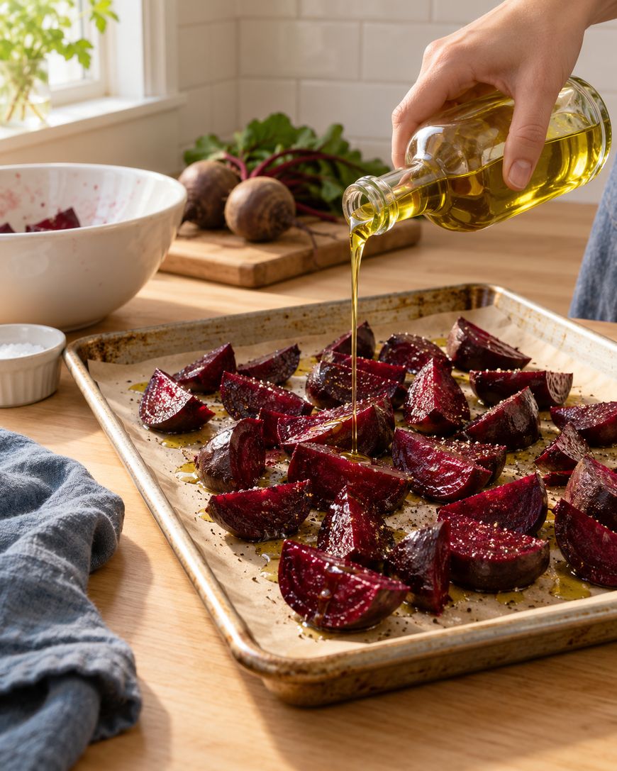 A hand pours olive oil over sliced beets on a baking sheet lined with parchment paper, ready for roasting. A bowl, salt dish, and whole beets are visible in the background on a wooden countertop.