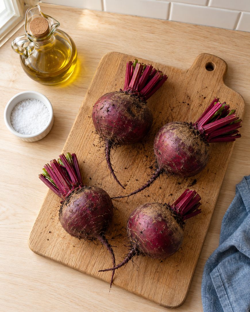 Four fresh, dirty beets with stems are on a wooden cutting board. A bowl of salt, a bottle of olive oil, and a blue cloth are nearby on a light wooden surface.