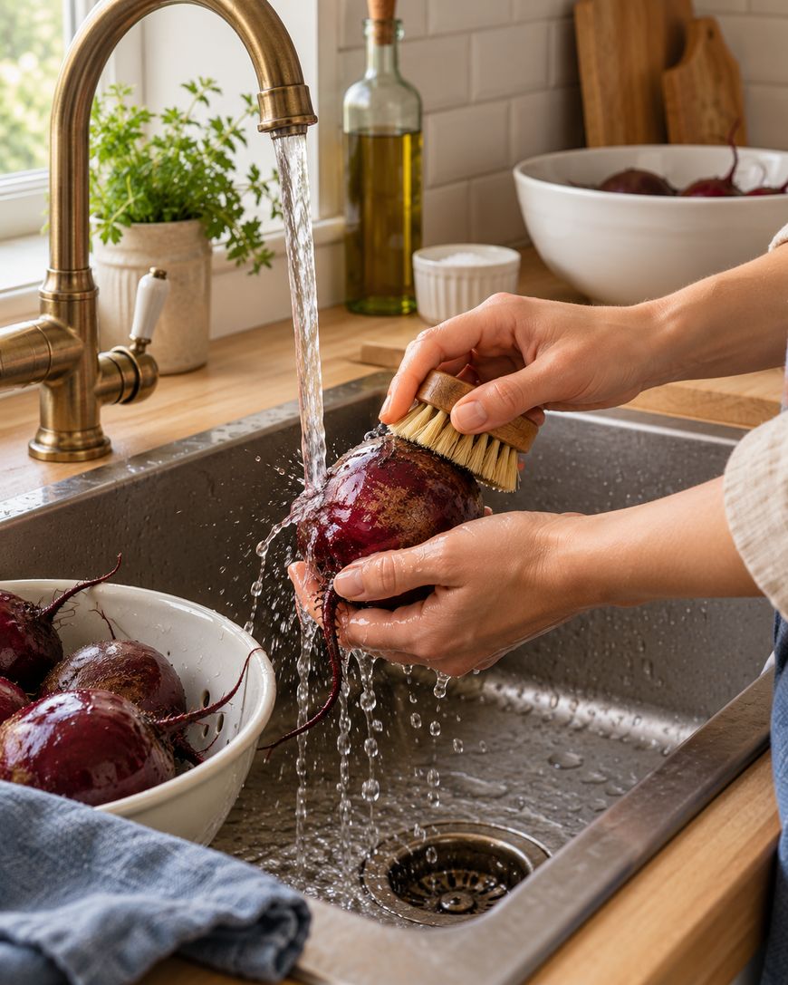Hands scrubbing a beet under running water in a kitchen sink, with more beets in a bowl nearby. A plant, olive oil, and kitchen tools are on the counter in the background.