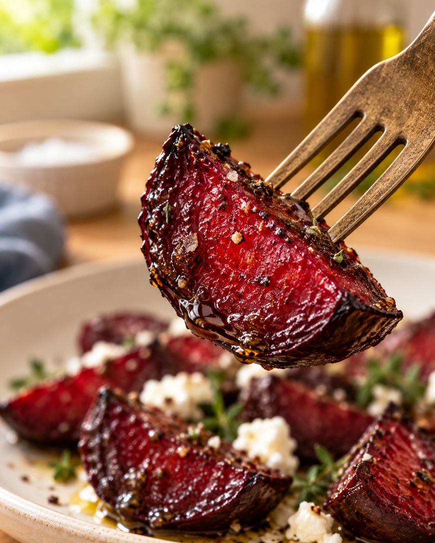 A fork holds a roasted beet wedge above a plate with more beet pieces, garnished with crumbled cheese, herbs, and a drizzle of balsamic glaze. The background is softly blurred.