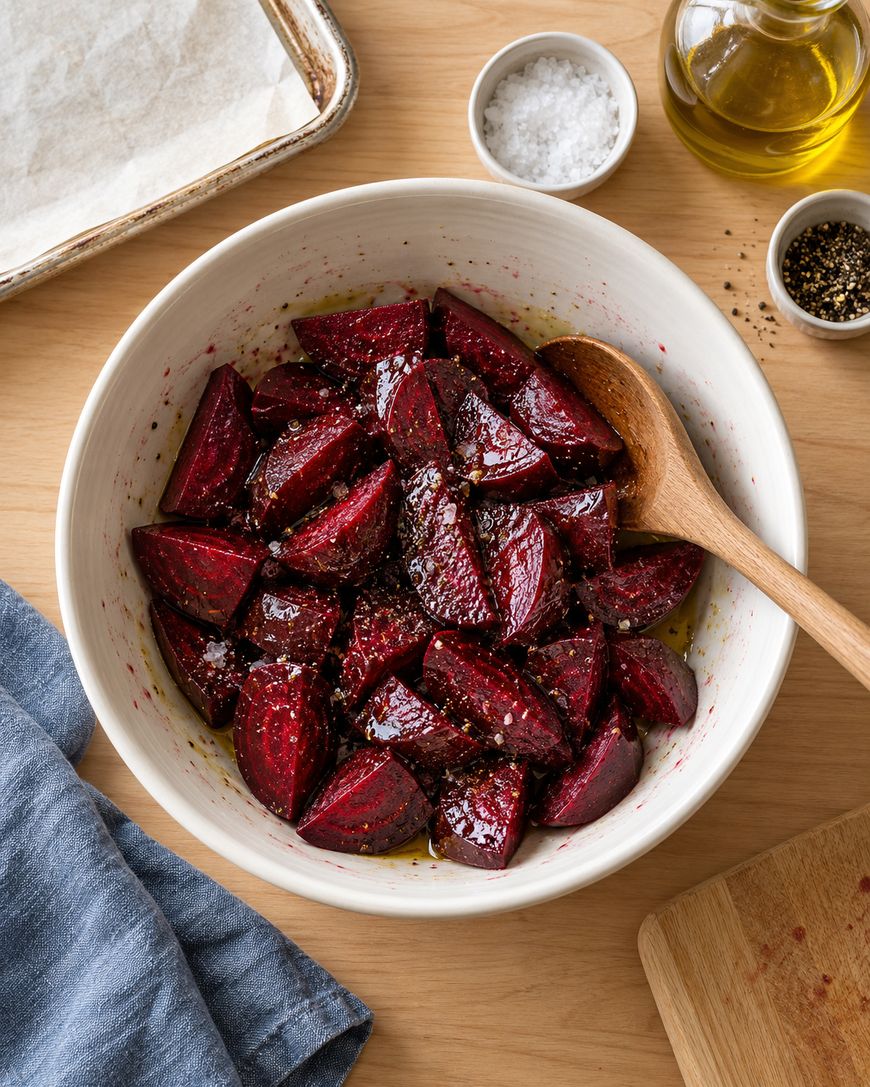 A bowl of chopped raw beets mixed with oil and pepper, with a wooden spoon. Surrounding the bowl are small dishes of salt, pepper, olive oil, a blue napkin, and a cutting board on a wooden table.