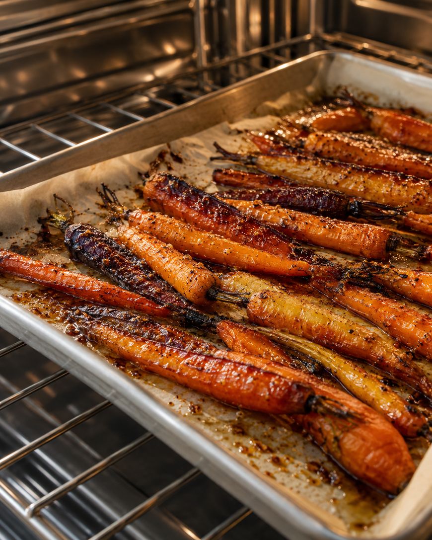 A metal baking sheet of roasted carrots on parchment paper inside an oven.
