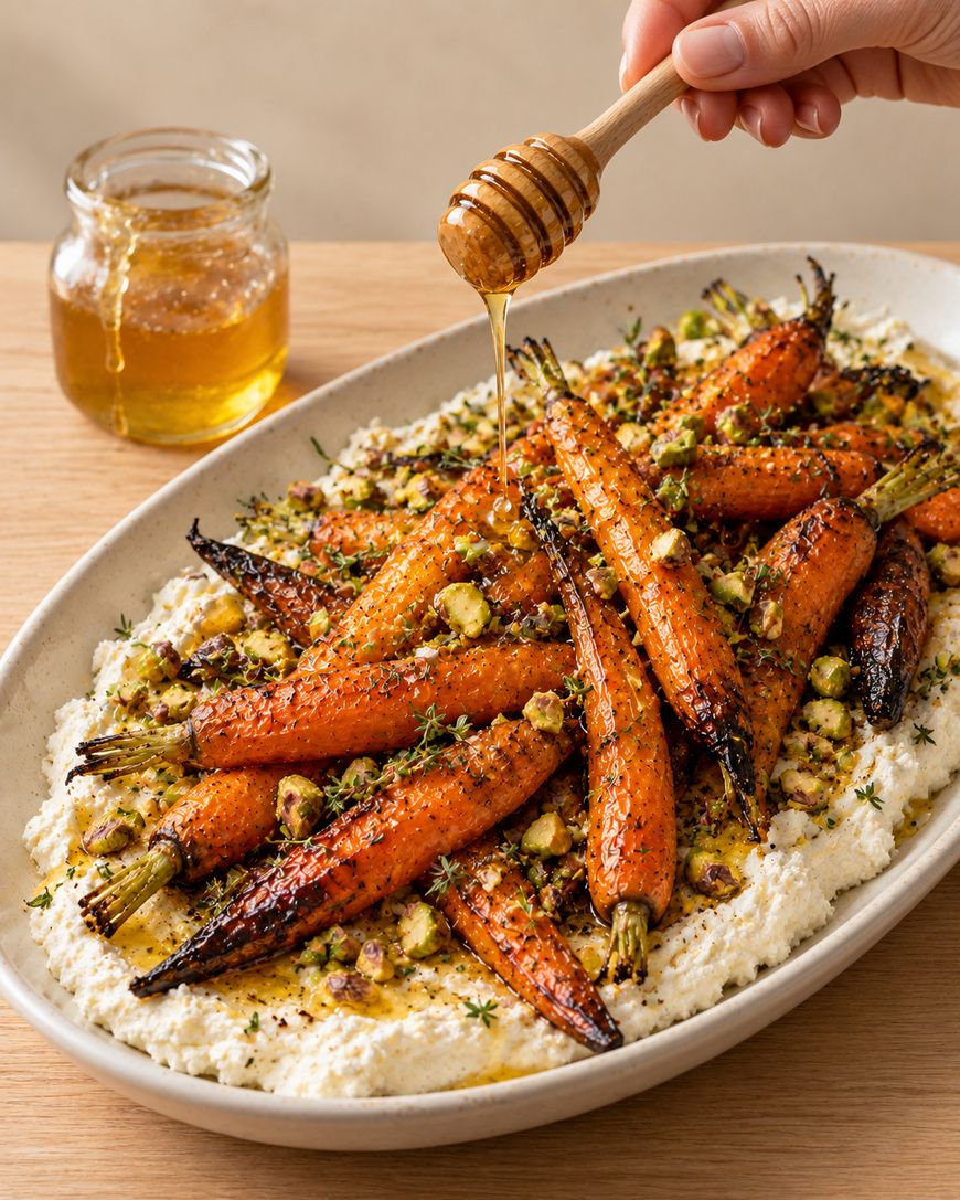 A hand drizzles honey from a wooden dipper over a platter of roasted carrots topped with herbs and chopped pistachios on a bed of white cheese.