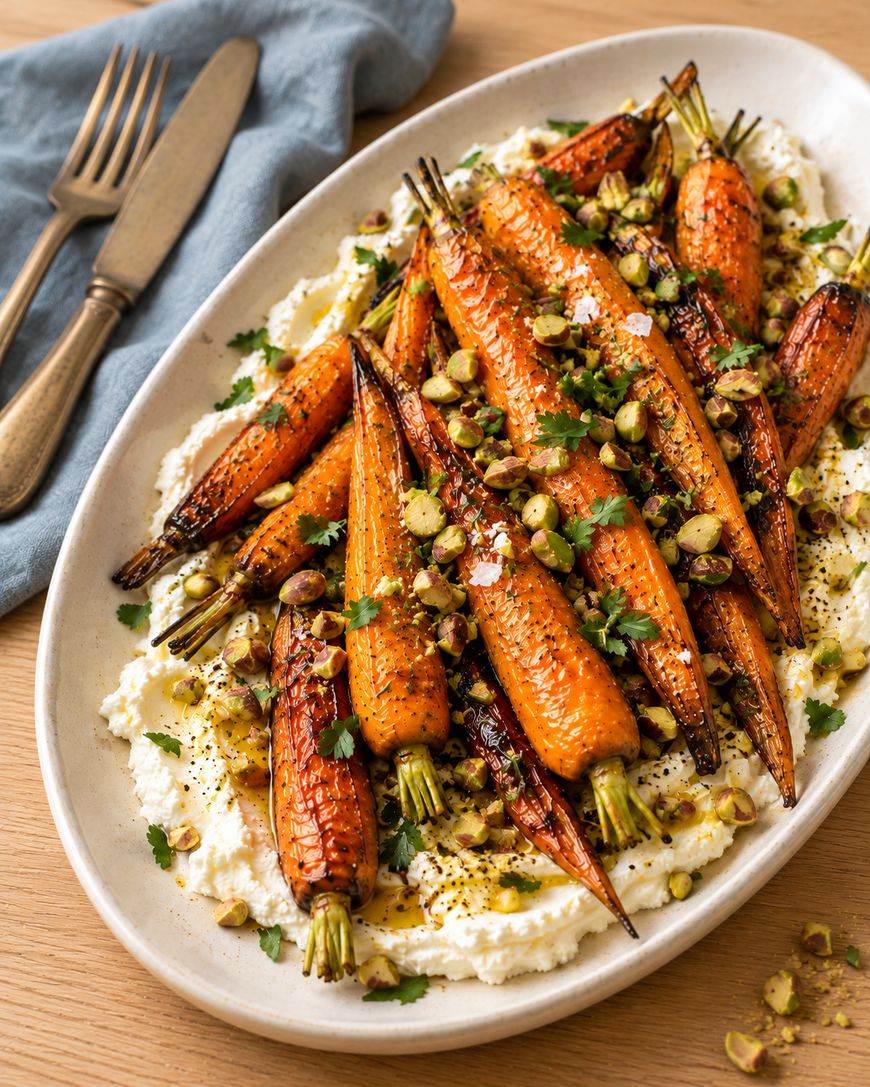 Roasted carrots with chopped pistachios and herbs served over a bed of creamy white spread on an oval platter.