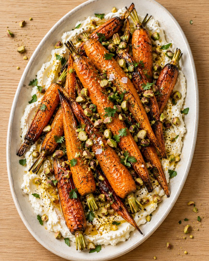 Roasted carrots topped with chopped pistachios and herbs, served on a bed of creamy spread.