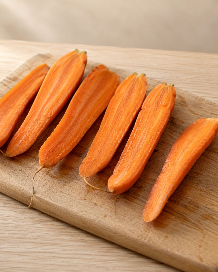 Six carrot halves arranged in a row on a wooden cutting board.