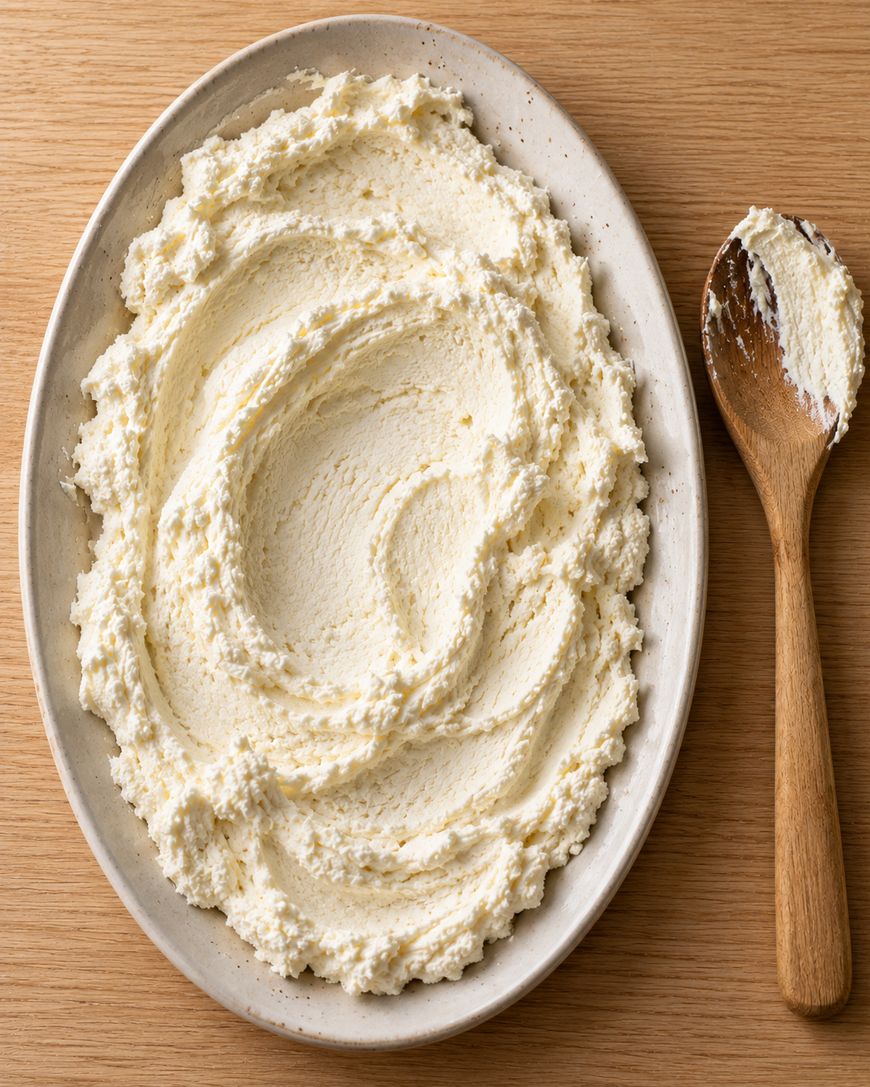 An oval serving dish filled with whipped ricotta cheese, beside a wooden spoon.