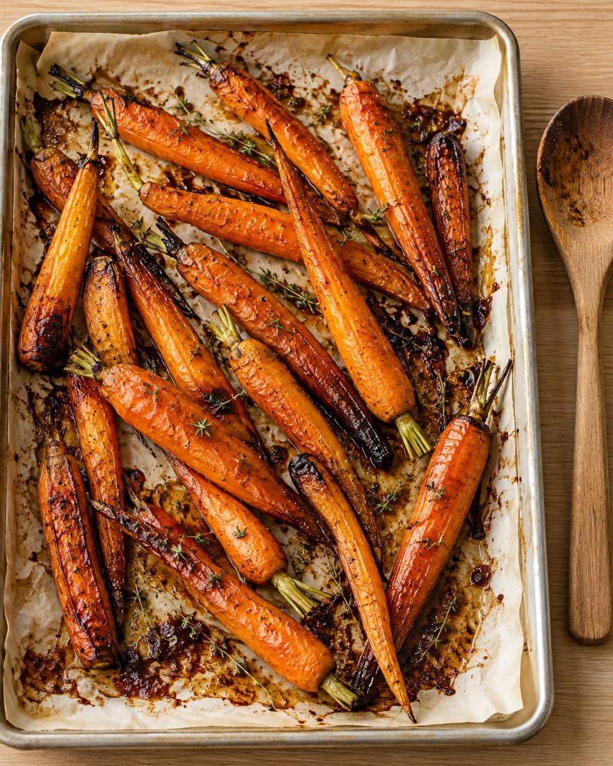 Roasted carrots with thyme on a parchment-lined baking sheet, next to a wooden spoon.