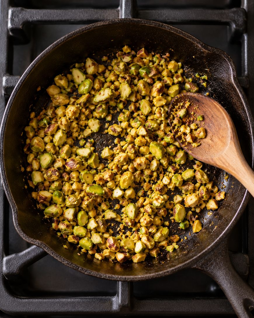 Chopped pistachios being toasted in a cast-iron skillet with a wooden spoon.