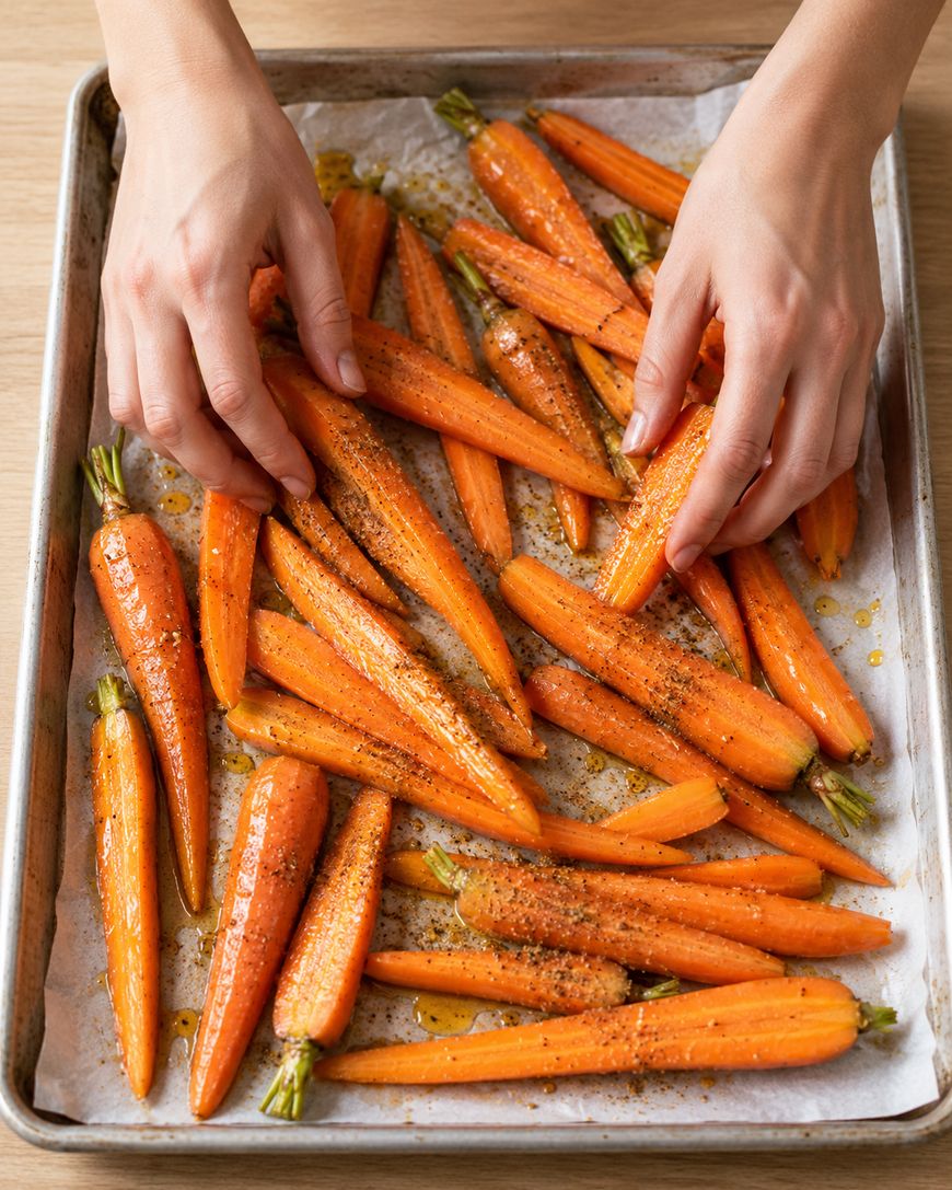 Hands placing seasoned whole carrots onto a parchment-lined baking sheet.