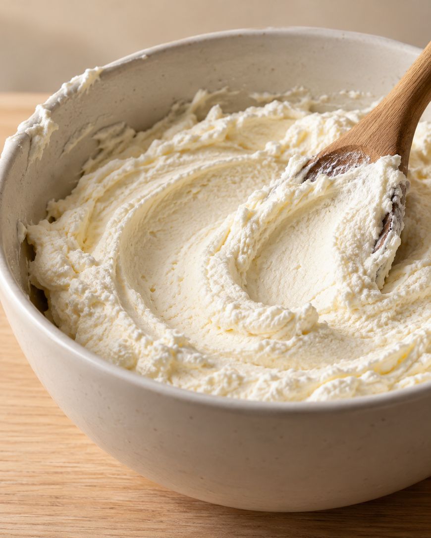 A wooden spoon resting in a bowl filled with whipped cream or frosting.