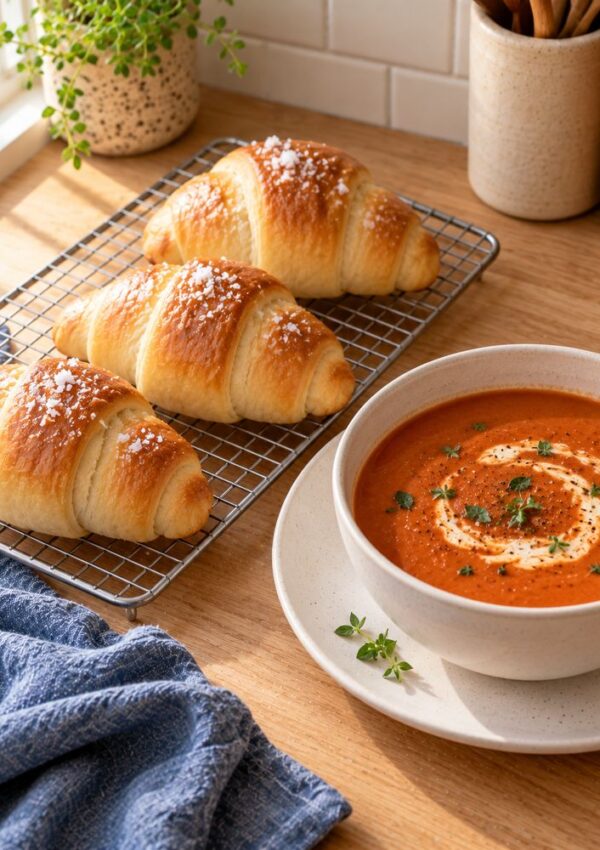 Three salted crescent rolls on a cooling rack next to a bowl of tomato soup swirled with cream and herbs.
