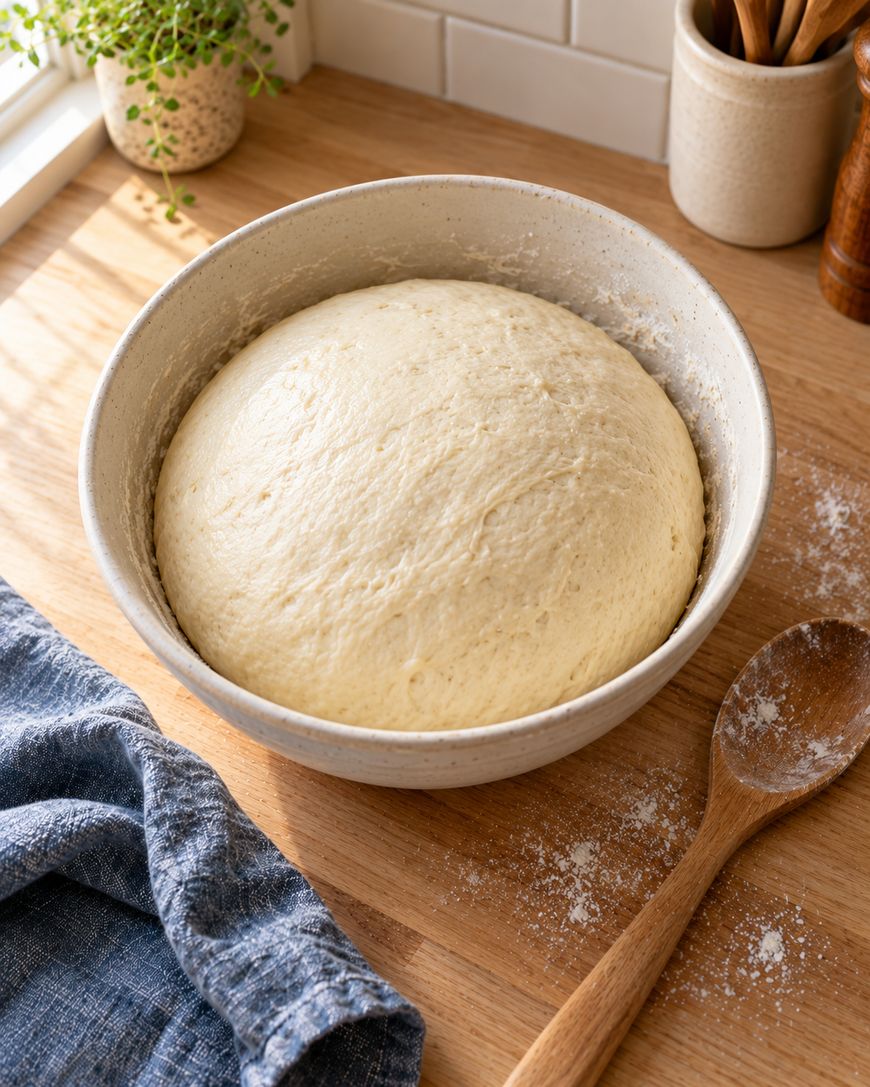 A bowl of risen bread dough resting on a wooden countertop next to a wooden spoon.