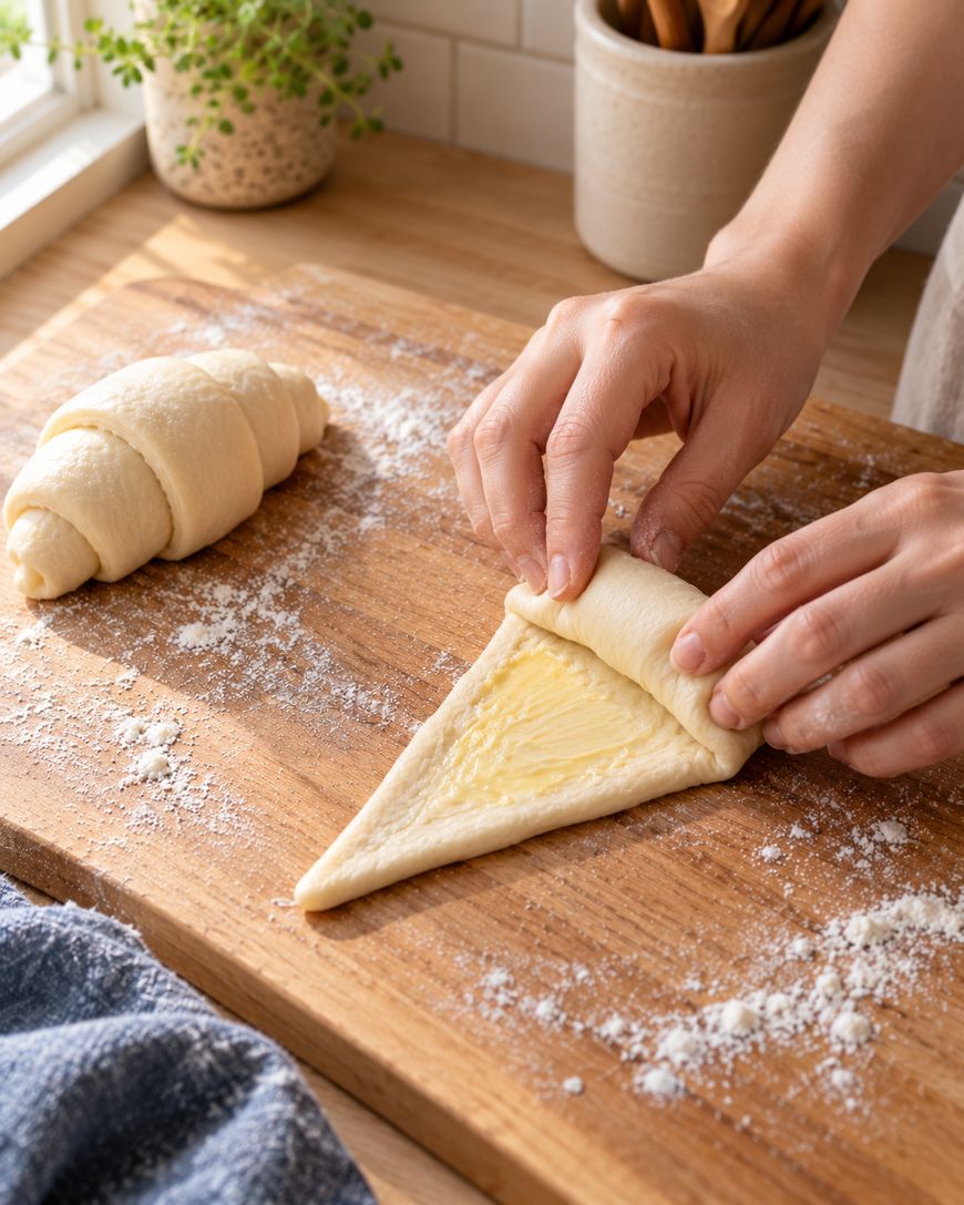 Hands rolling a triangular piece of dough spread with butter on a floured wooden board, next to a finished crescent roll.
