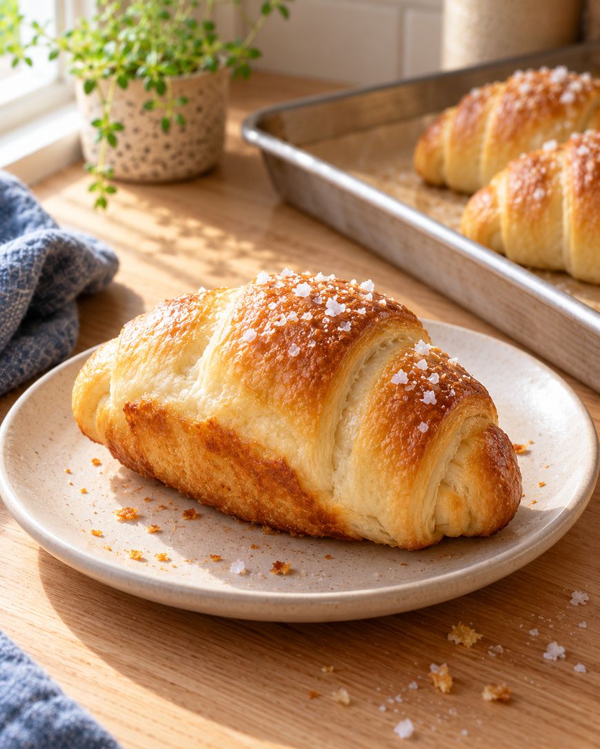 A single croissant sprinkled with coarse salt on a small plate, with more croissants on a baking sheet in the background.
