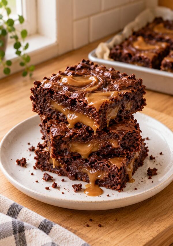 A stack of three chocolate brownies with caramel filling on a white plate.