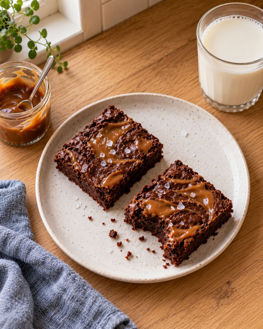 Two salted caramel brownies on a speckled plate, with a glass of milk and a jar of caramel sauce nearby.