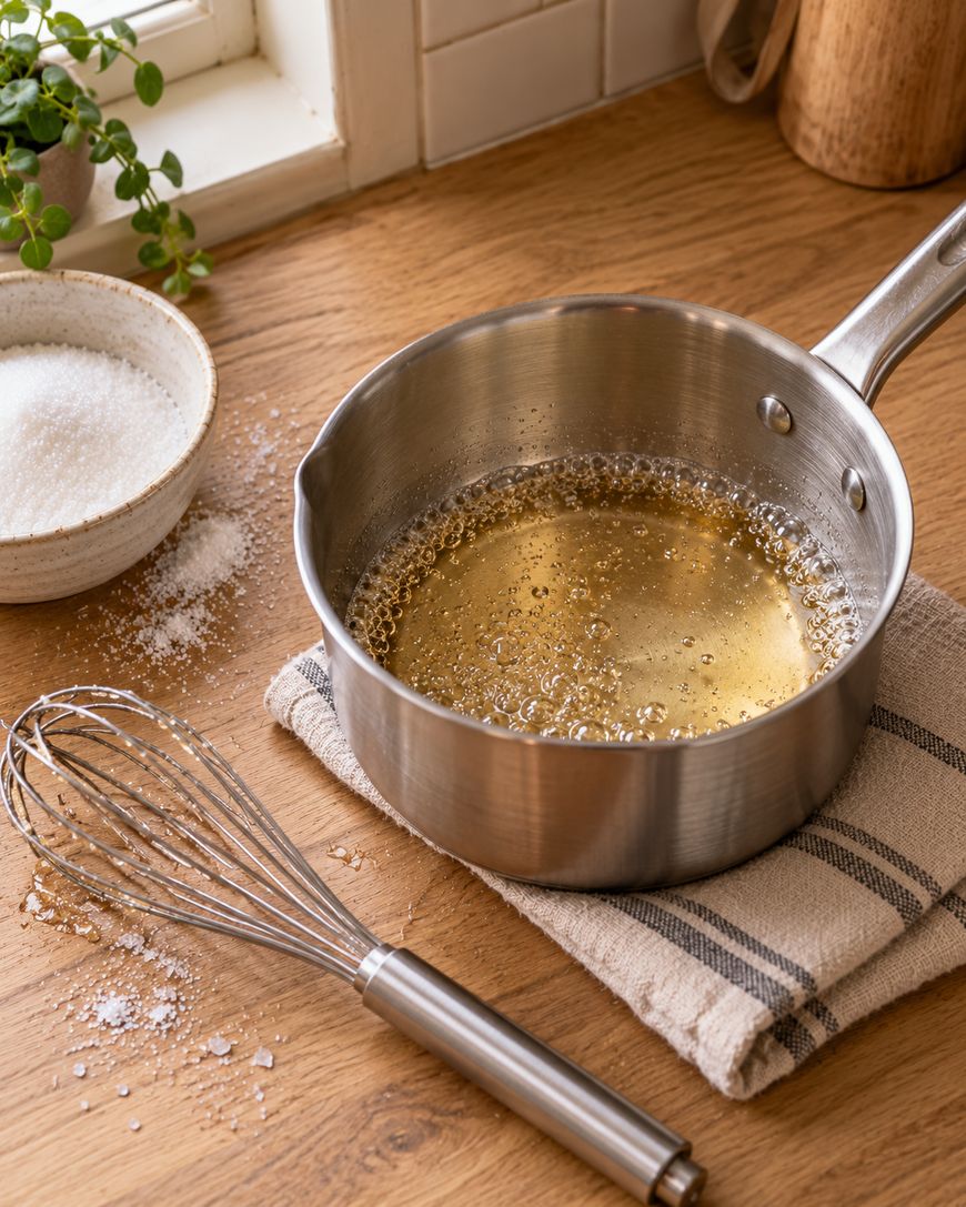 A metal saucepan filled with bubbling golden syrup sits on a kitchen counter next to a whisk and a bowl of sugar.