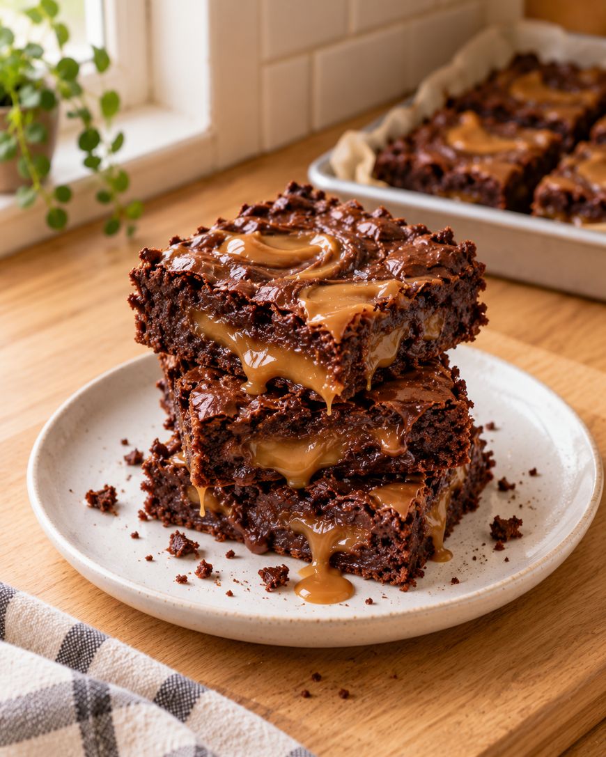 A stack of three square caramel-filled brownies on a white plate.
