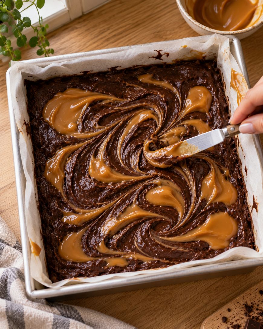 A hand uses a small knife to swirl caramel into a pan of chocolate brownie batter.