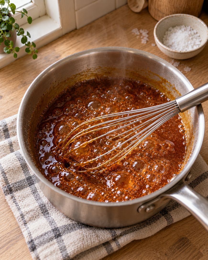 A wire whisk stirring bubbling amber caramel in a stainless steel saucepan.
