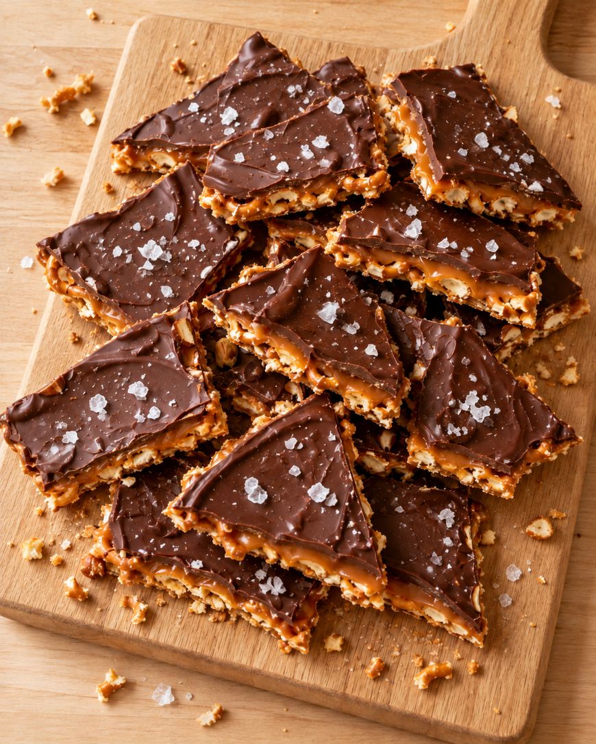Pieces of chocolate-covered pretzel and caramel bark topped with sea salt on a wooden cutting board.