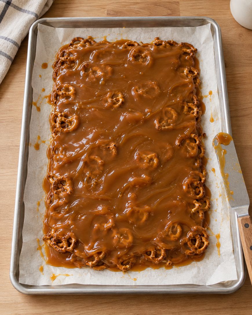 A metal baking sheet filled with a layer of pretzels completely covered in a smooth caramel glaze, with an offset spatula resting on the side.