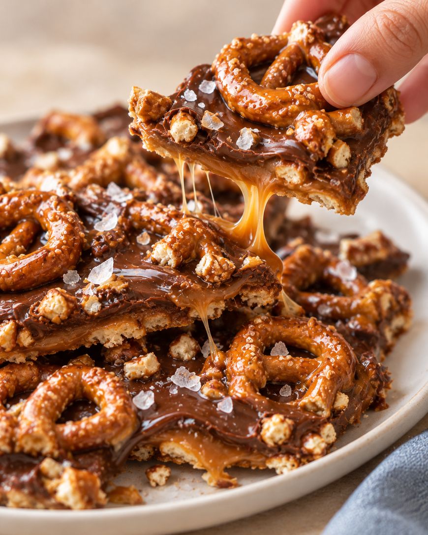 A hand lifts a piece of chocolate-covered pretzel bark topped with sea salt, pulling a string of melted caramel from the serving plate.