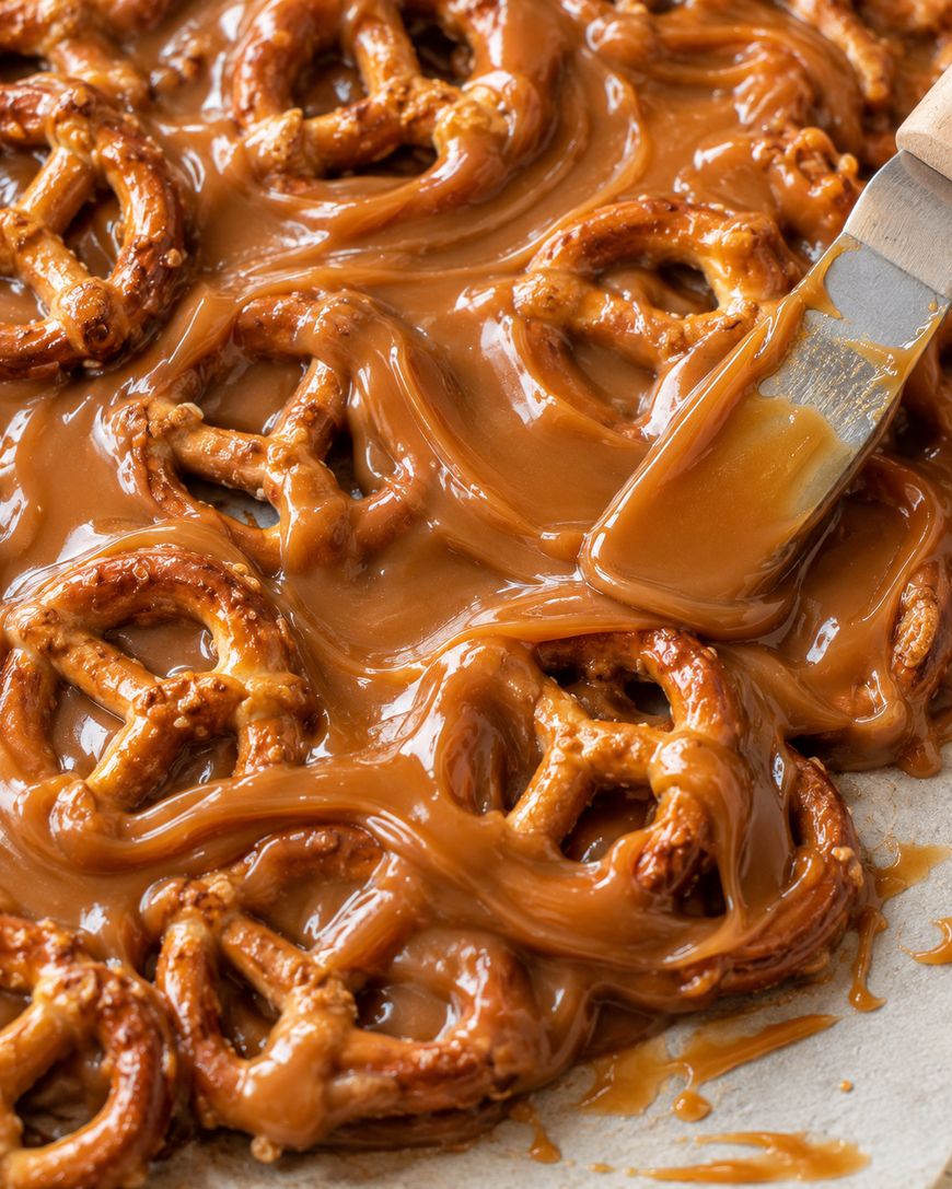 A metal spatula spreads smooth caramel over a layer of pretzels.