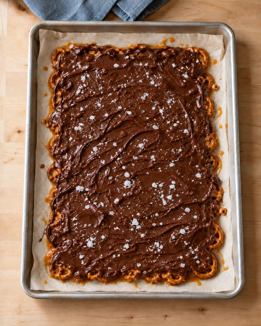 A rectangular metal baking sheet filled with a sheet of pretzels covered in a layer of chocolate and sprinkled with sea salt.