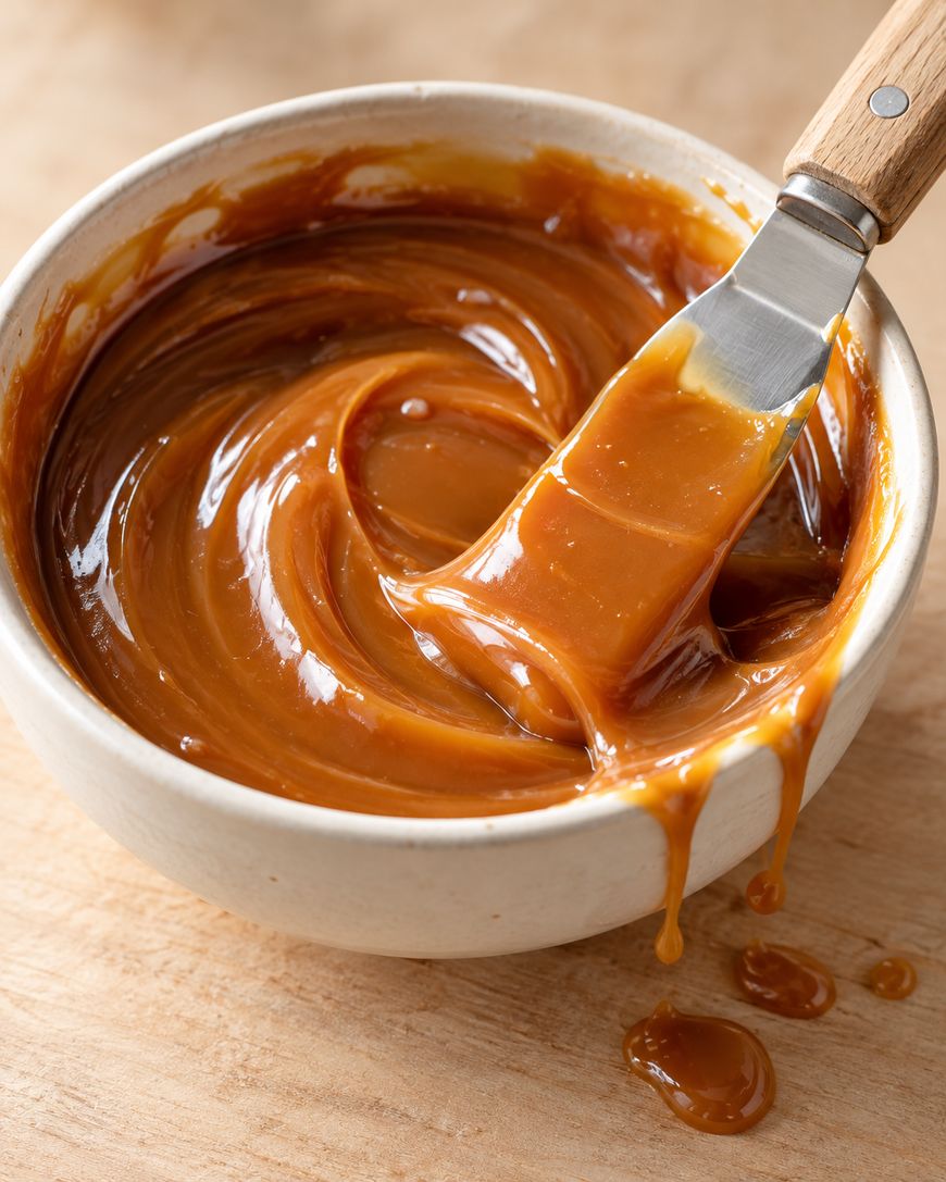 A metal spatula lifting a scoop of smooth caramel from a white bowl.