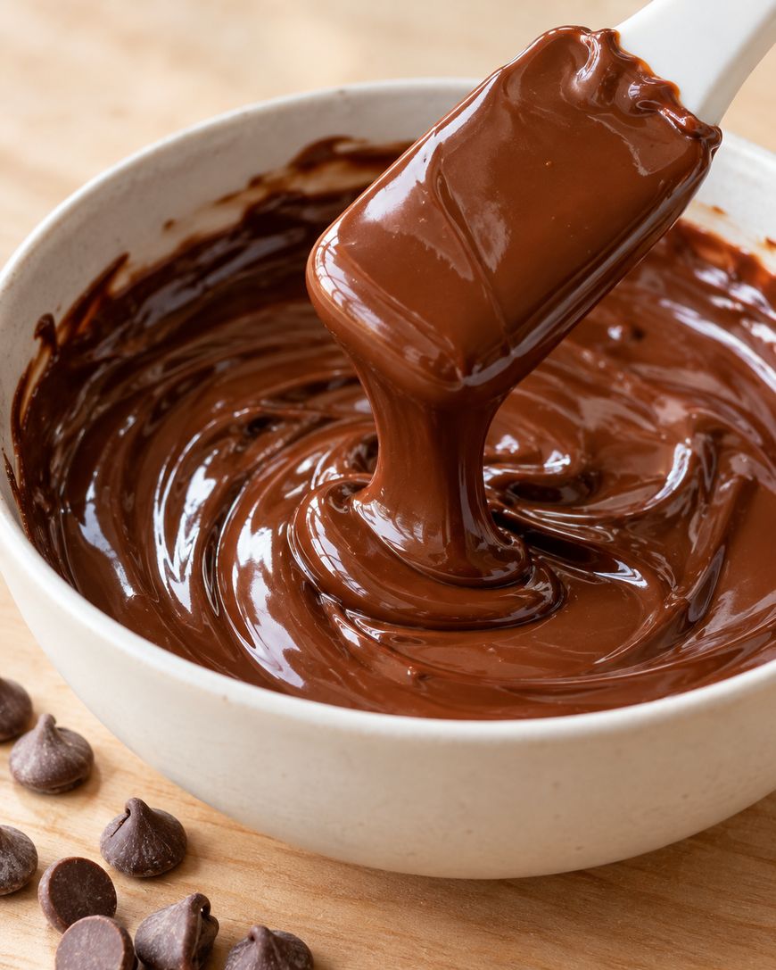 A spatula lifts melted chocolate from a bowl, with a few chocolate chips scattered on the surface below.