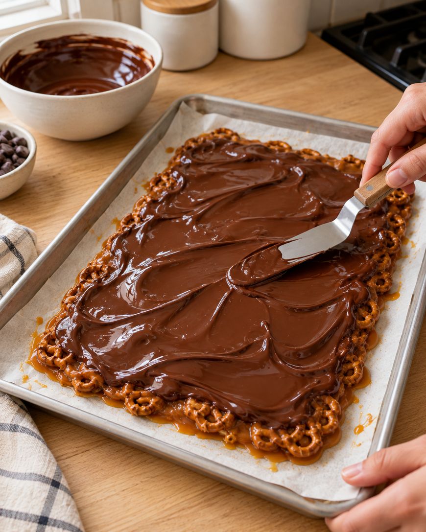 A hand uses an offset spatula to spread melted chocolate over a layer of pretzels on a parchment-lined baking sheet.
