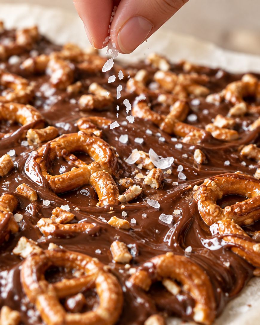 A hand sprinkles sea salt flakes over a layer of melted chocolate topped with pretzel pieces.