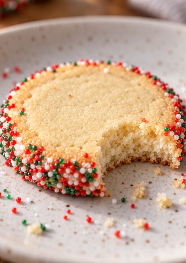 A round sugar cookie with red, green, and white sprinkles around the edge sits on a speckled plate. A bite has been taken out of the cookie, with crumbs and sprinkles scattered nearby.