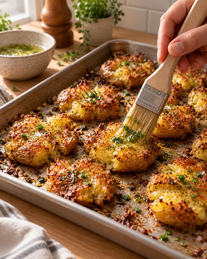 A hand brushes melted butter onto crispy smashed potatoes garnished with herbs on a baking sheet, with a bowl of sauce and fresh herbs in the background.