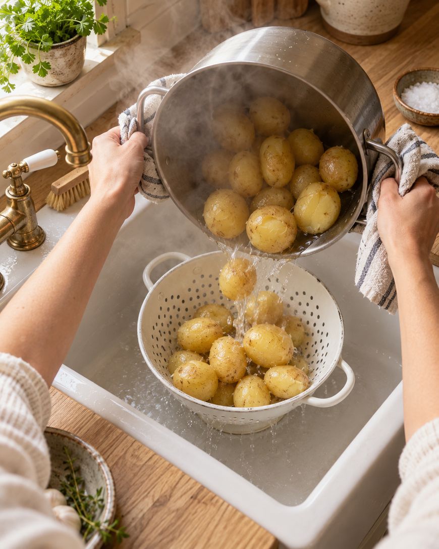 A person drains boiled potatoes from a pot into a white colander in a kitchen sink. Steam rises from the potatoes, and the kitchen has a cozy, rustic feel with plants and wooden surfaces.