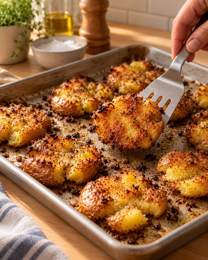 A hand lifts a crispy smashed potato with a spatula from a baking sheet. Several golden, seasoned smashed potatoes are on the tray, surrounded by kitchen items like salt, herbs, and olive oil.