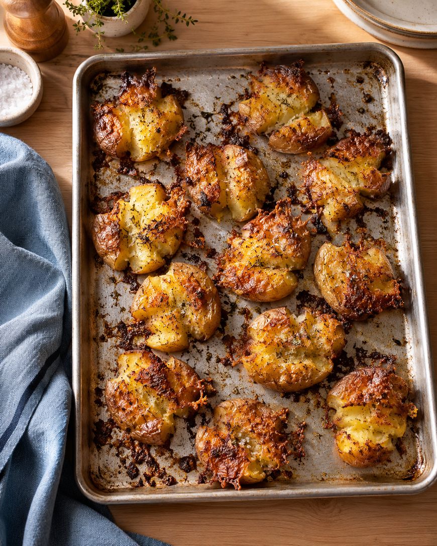 A baking tray filled with golden-brown smashed potatoes, topped with herbs and crispy edges, sits on a wooden table next to a blue cloth, salt dish, and pepper grinder.