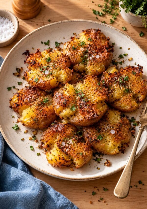A plate of crispy smashed potatoes garnished with chopped herbs and coarse salt, with a fork on the side. A blue napkin, salt dish, and potted herbs are nearby on a wooden table.