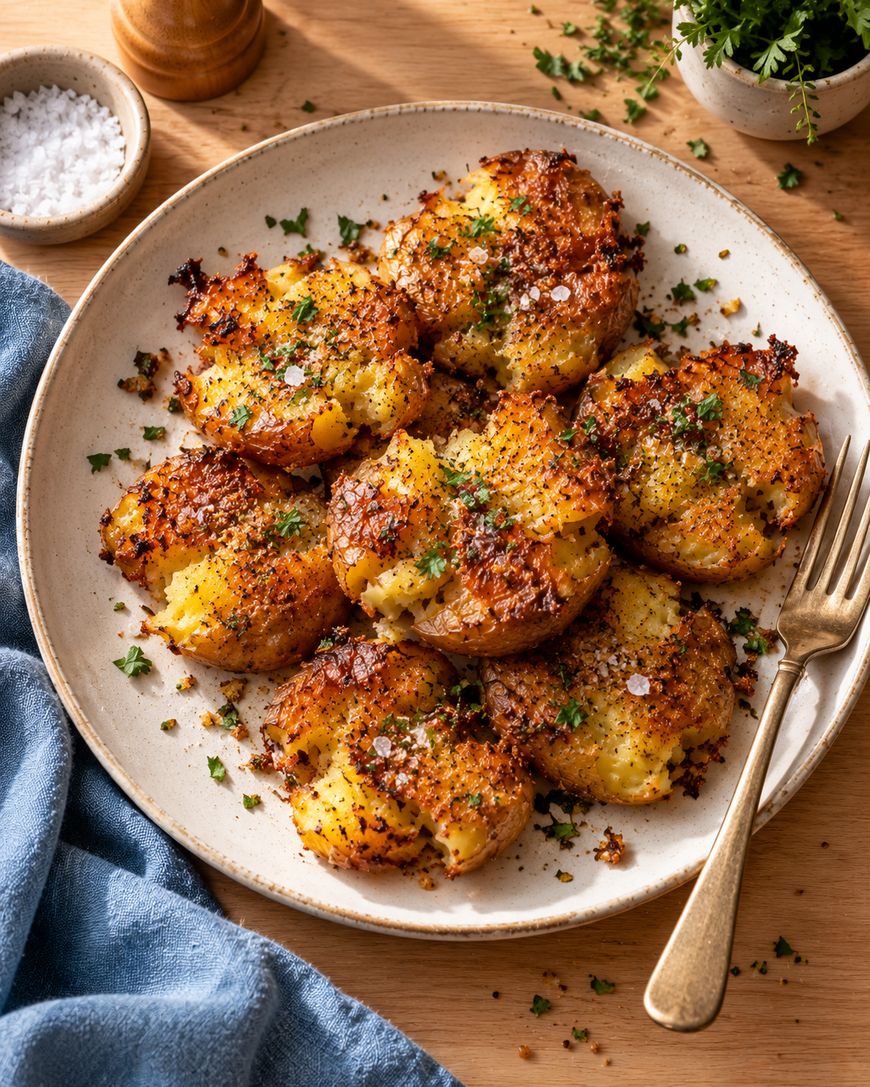 A plate of crispy smashed potatoes garnished with chopped herbs and coarse salt, with a fork on the side. A blue napkin, salt dish, and potted herbs are nearby on a wooden table.