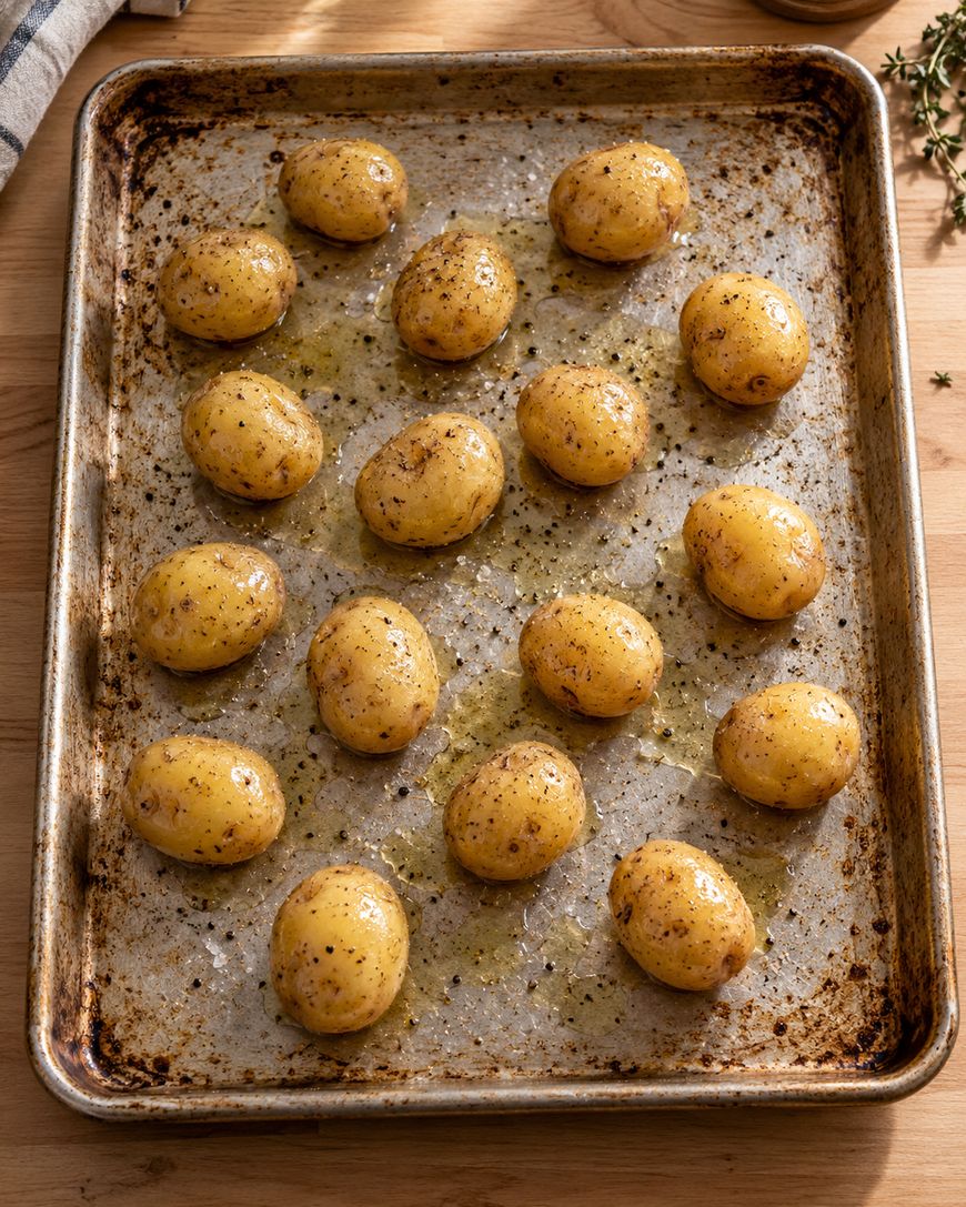 A baking sheet with 16 small, whole, seasoned potatoes arranged in rows on parchment paper, ready for roasting. The potatoes are coated with oil and spices.